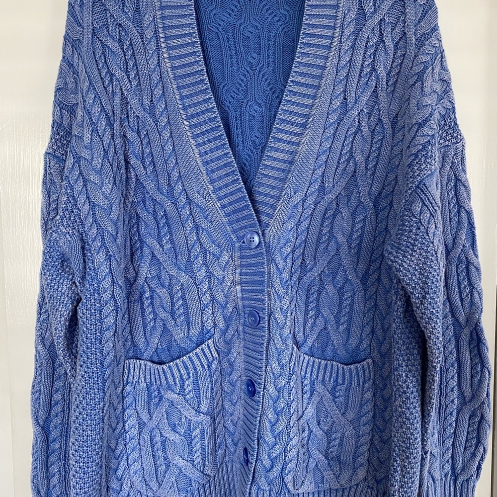 J. Crew Blue Cable Heritage Knit Cardigan Ocean Blue
